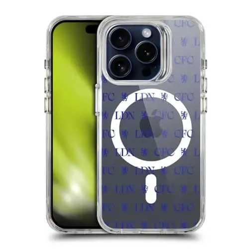 Head Case Designs Officially Licensed Chelsea Football Club Lions Pattern Logo Icon Shockproof Bumper Case [Military Grade Protection] Compatible with Apple iPhone 15 Pro and Compatible with MagSafe 