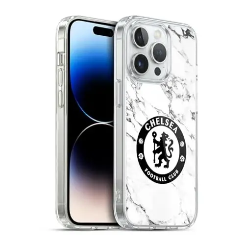 Head Case Designs Officially Licensed Chelsea Football Club White Marble Crest Gel Case [Military Grade Protection] Compatible with Apple iPhone 14 Pro and Compatible with MagSafe - HEAD CASE DESIGNS