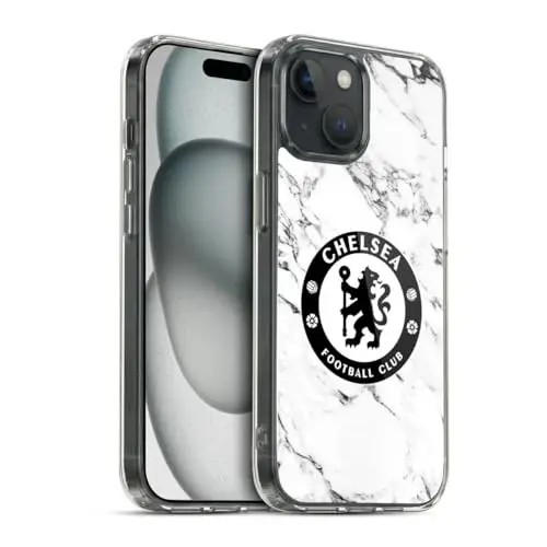 Head Case Designs Officially Licensed Chelsea Football Club White Marble Crest Gel Case [Military Grade Protection] Compatible with Apple iPhone 15 and Compatible with MagSafe - HEAD CASE DESIGNS
