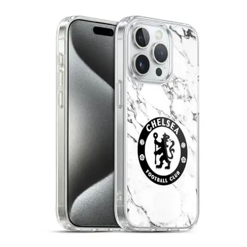 Head Case Designs Officially Licensed Chelsea Football Club White Marble Crest Gel Case [Military Grade Protection] Compatible with Apple iPhone 15 Pro and Compatible with MagSafe - HEAD CASE DESIGNS