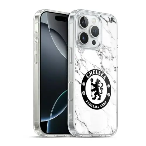 Head Case Designs Officially Licensed Chelsea Football Club White Marble Crest Gel Case [Military Grade Protection] Compatible with Apple iPhone 16 Pro and Compatible with MagSafe - HEAD CASE DESIGNS
