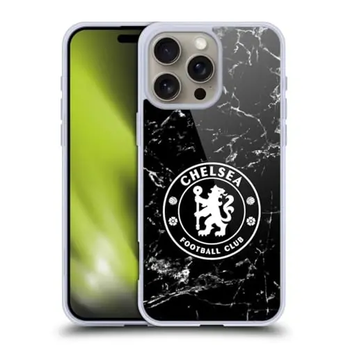 Head Case Designs Officially Licensed Chelsea Football Club Black Marble Crest Gel Case [Military Grade Protection] Compatible with Apple iPhone 16 Pro Max - 1