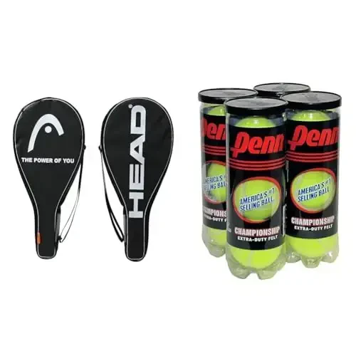 HEAD Tennis Racquet Cover Bag - Lightweight Padded Racket Carrying Bag w/Adjustable Shoulder Strap,Black/White & Penn Championship Tennis Balls - Extra Duty Felt Pressurized - 4 Cans, 12 Balls - 1