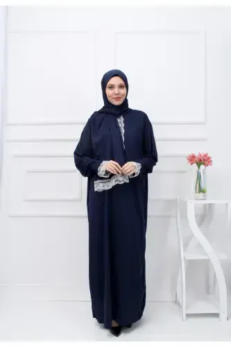 Headscarf Elegant Women's Prayer Dress Summer Fabric Modest Wear-NAVY BLUE - 1