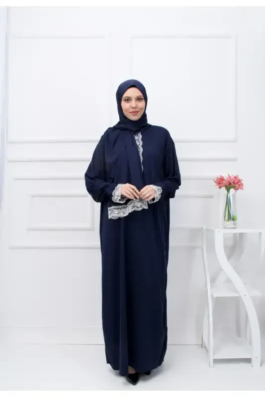Headscarf Elegant Women's Prayer Dress Summer Fabric Modest Wear-NAVY BLUE - KUTAY COLLECTION