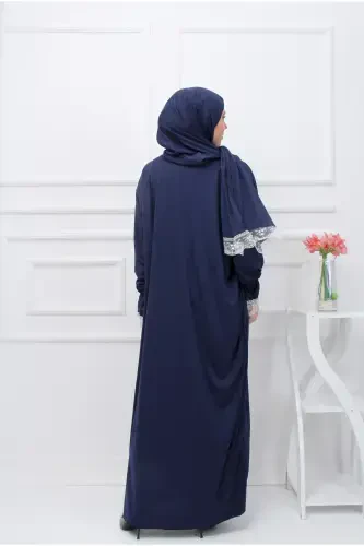 Headscarf Elegant Women's Prayer Dress Summer Fabric Modest Wear-NAVY BLUE - KUTAY COLLECTION (1)