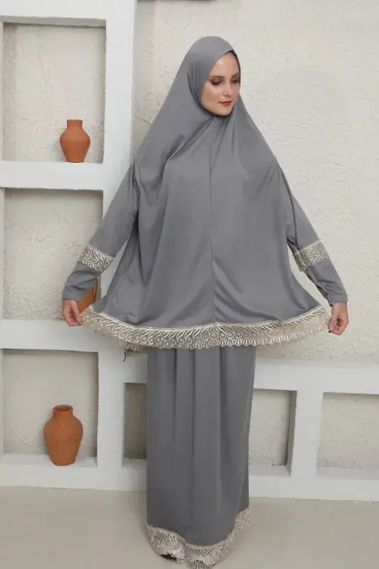 Headscarf Woman Prayer Dress-Gray - 3