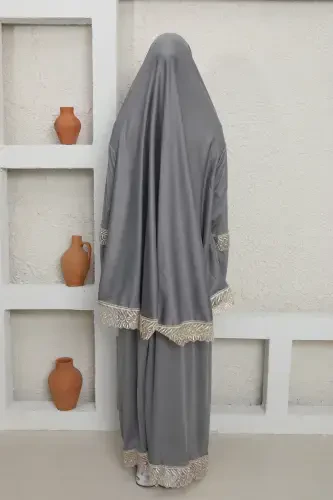 Headscarf Woman Prayer Dress-Gray - 4