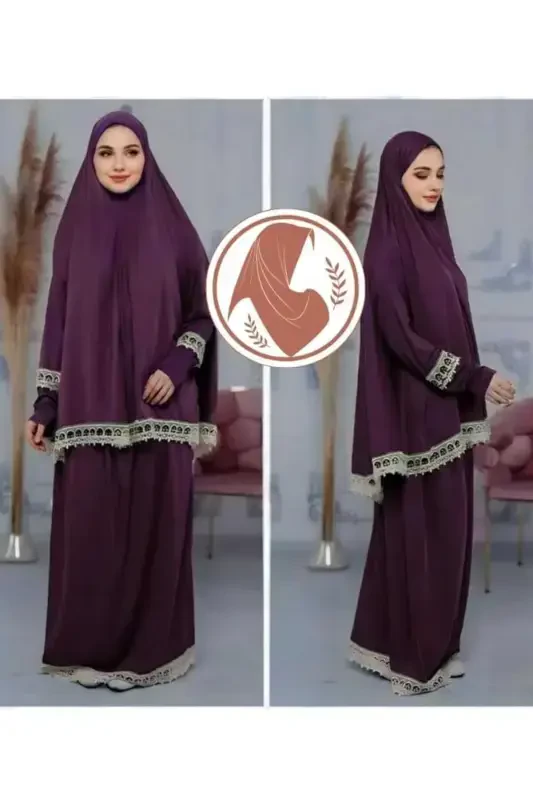 Headscarf Woman Prayer Dress Two Pieces-Purple - 1