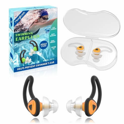 Hearprotek Ear Plugs for Swimming, [2 Pairs] Swim Ear Plugs Adults-Waterproof Silicone Water earplugs for Men Women Juniors Swimmers Pool Shower Bathing (Orange) - 1