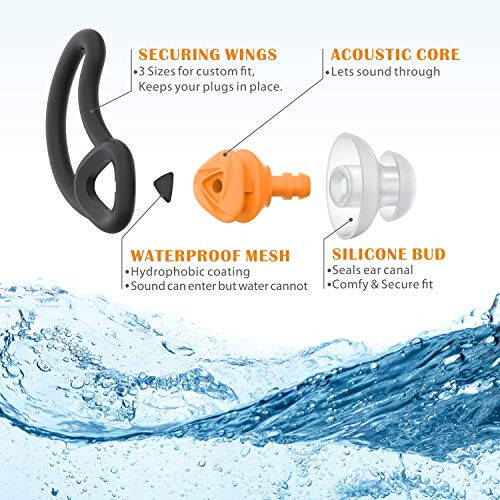 Hearprotek Ear Plugs for Swimming, [2 Pairs] Swim Ear Plugs Adults-Waterproof Silicone Water earplugs for Men Women Juniors Swimmers Pool Shower Bathing (Orange) - 2