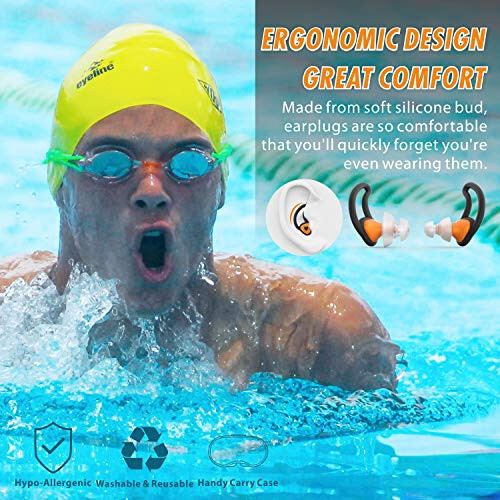 Hearprotek Ear Plugs for Swimming, [2 Pairs] Swim Ear Plugs Adults-Waterproof Silicone Water earplugs for Men Women Juniors Swimmers Pool Shower Bathing (Orange) - 4