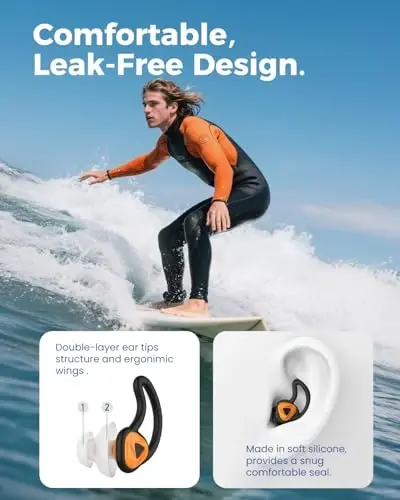 Ear Plugs for Swimming–2 Pairs Soft Silicone Reusable Waterproof Earplugs for Adults & Men Women, Custom Fit for Swimmers Ear, Pool, Beach, Snorkeling, Surfing, Kickboard Training(Orange) - 3