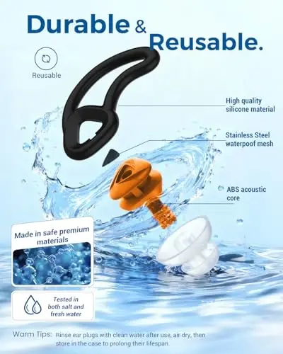 Ear Plugs for Swimming–2 Pairs Soft Silicone Reusable Waterproof Earplugs for Adults & Men Women, Custom Fit for Swimmers Ear, Pool, Beach, Snorkeling, Surfing, Kickboard Training(Orange) - 5