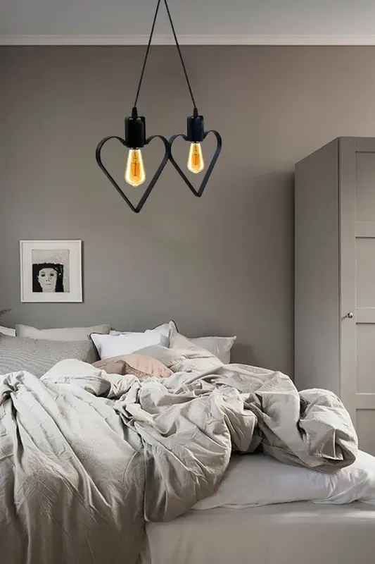 Heart 2-Piece Metal Pendant Chandelier Black Heart Rustic Wrought Iron Ceiling Lamp-Black - 2