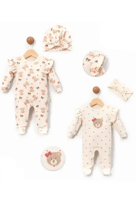 Heart Bear Printed Baby Two-Piece Jumpsuit Set-Red - 2