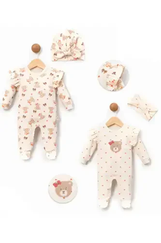 Heart Bear Printed Baby Two-Piece Jumpsuit Set-Red - 4