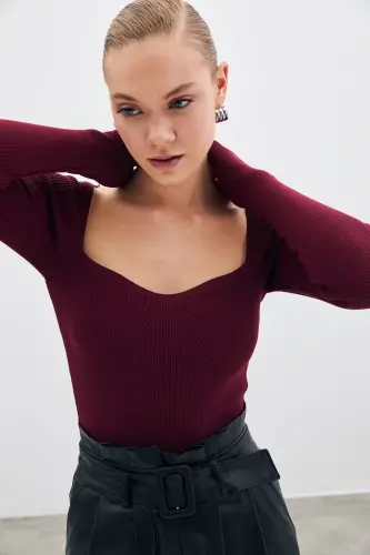 Heart Collar Knit Blouse - BORDEAUX-BORDEAUX - 5