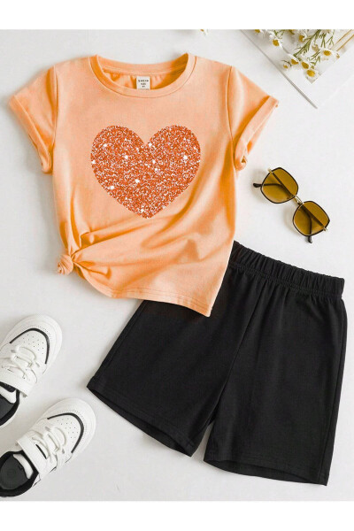 Heart Cotton Kids Set - Orange T-shirt Black Shorts Printed Girl Boy Kids Summer Bike Collar - 1