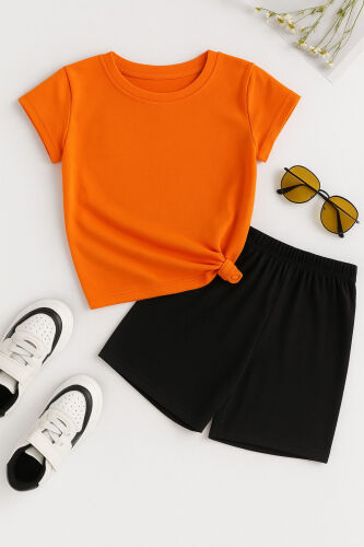 Heart Cotton Kids Set - Orange T-shirt Black Shorts Printed Girl Boy Kids Summer Bike Collar - DUBU BUTİK (1)