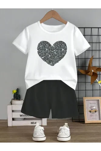 Heart Cotton Kids Set - White T-shirt Black Shorts Printed Girl Boy Kids Summer Bike Collar - DUBU BUTİK (1)