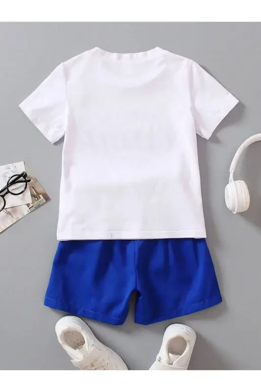 Heart Cotton Kids Set - White T-shirt Teal Blue Shorts Printed Girl Boy Children Summer Bicycle Collar - 3