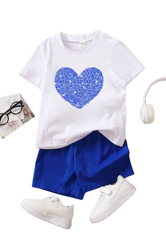 Heart Cotton Kids Set - White T-shirt Teal Blue Shorts Printed Girl Boy Children Summer Bicycle Collar - 2