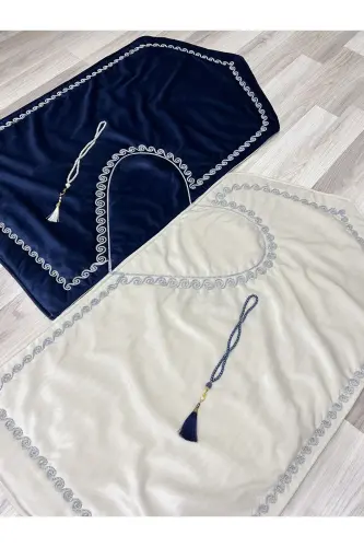 Heart Embroidered Prayer Rug Set with Couple Prayer Rugs, Rosary, Bride and Groom Dowry, Gift, Navy Blue*Cream - 1