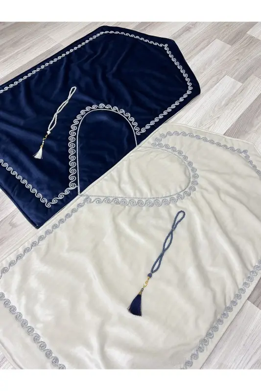 Heart Embroidered Prayer Rug Set with Couple Prayer Rugs, Rosary, Bride and Groom Dowry, Gift, Navy Blue*Cream - AYHANHOME