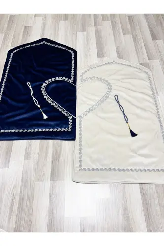 Heart Embroidered Prayer Rug Set with Couple Prayer Rugs, Rosary, Bride and Groom Dowry, Gift, Navy Blue*Cream - AYHANHOME (1)