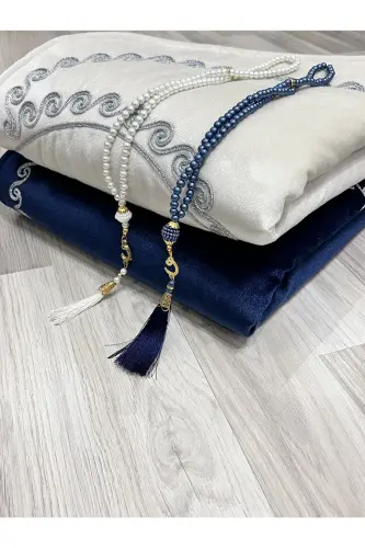 Heart Embroidered Prayer Rug Set with Couple Prayer Rugs, Rosary, Bride and Groom Dowry, Gift, Navy Blue*Cream - 4