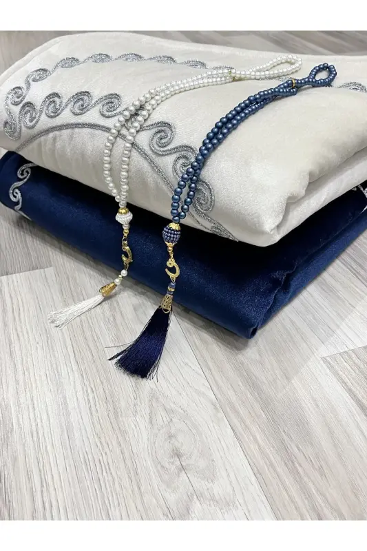 Heart Embroidered Prayer Rug Set with Couple Prayer Rugs, Rosary, Bride and Groom Dowry, Gift, Navy Blue*Cream - 4