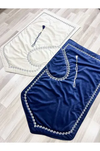 Heart Embroidered Prayer Rug Set with Couple Prayer Rugs, Rosary, Bride and Groom Dowry, Gift, Navy Blue*Cream - 6