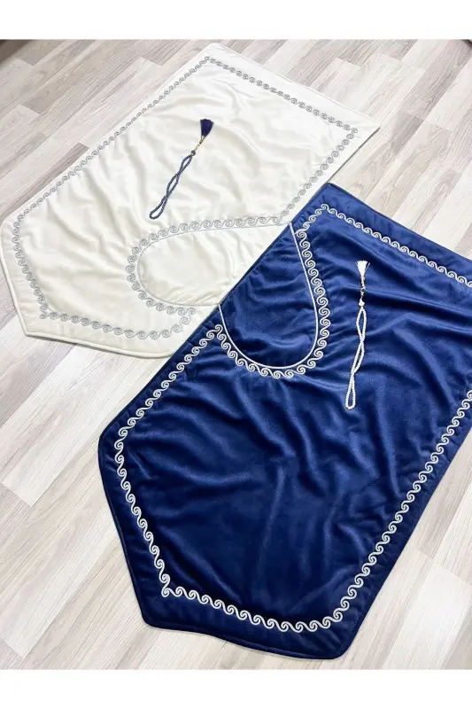Heart Embroidered Prayer Rug Set with Couple Prayer Rugs, Rosary, Bride and Groom Dowry, Gift, Navy Blue*Cream - 6
