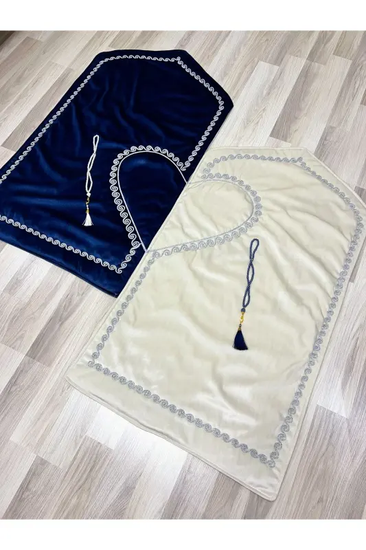 Heart Embroidered Prayer Rug Set with Couple Prayer Rugs, Rosary, Bride and Groom Dowry, Gift, Navy Blue*Cream - 7