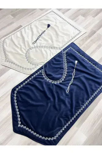 Heart Embroidered Prayer Rug Set with Couple Prayer Rugs, Rosary, Bride and Groom Dowry, Gift, Navy Blue*Cream - 3