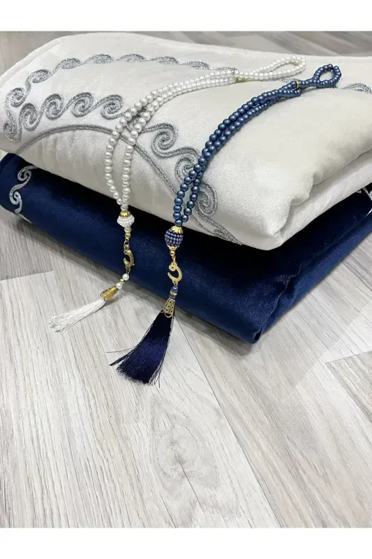 Heart Embroidered Prayer Rug Set with Couple Prayer Rugs, Rosary, Bride and Groom Dowry, Gift, Navy Blue*Cream - 4