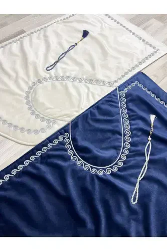 Heart Embroidered Prayer Rug Set with Couple Prayer Rugs, Rosary, Bride and Groom Dowry, Gift, Navy Blue*Cream - 5
