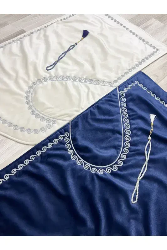 Heart Embroidered Prayer Rug Set with Couple Prayer Rugs, Rosary, Bride and Groom Dowry, Gift, Navy Blue*Cream - 5