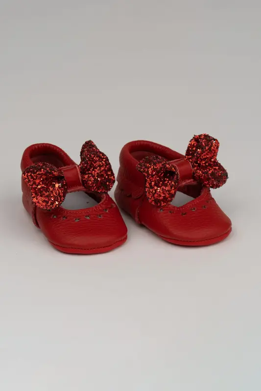 Heart Genuine Leather Baby Moccasin Red Ribbon-Red - 2