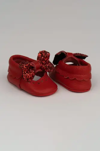 Heart Genuine Leather Baby Moccasin Red Ribbon-Red - 4