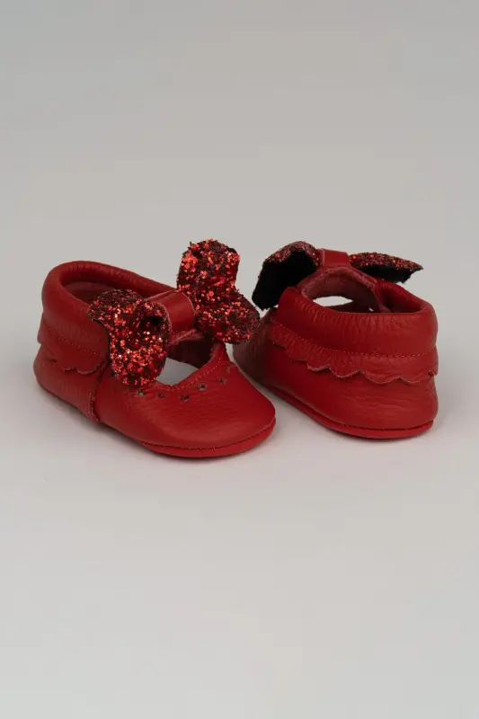 Heart Genuine Leather Baby Moccasin Red Ribbon-Red - 4