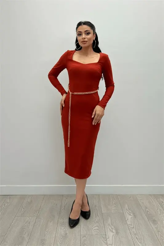 Heart Neck Chain Belted Dress - Terracotta - BÜYÜKBEDENIZ