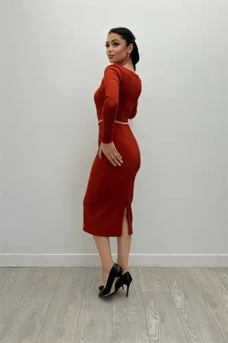 Heart Neck Chain Belted Dress - Terracotta - 5