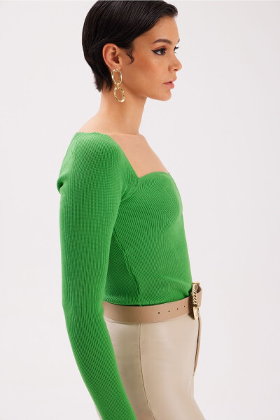 Heart Neckline Knit Blouse - Green - 5