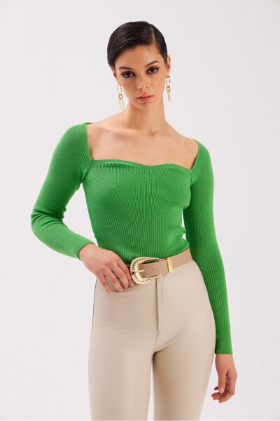 Heart Neckline Knit Blouse - Green - 8