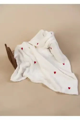 Heart Pattern Embroidered Baby Blanket 90x110 Cream Wellsoft-ECRU - 1