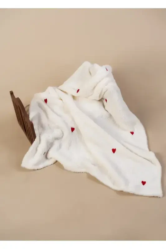Heart Pattern Embroidered Baby Blanket 90x110 Cream Wellsoft-ECRU - 1