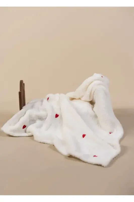 Heart Pattern Embroidered Baby Blanket 90x110 Cream Wellsoft-ECRU - 2