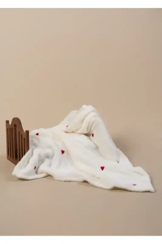 Heart Pattern Embroidered Baby Blanket 90x110 Cream Wellsoft-ECRU - 4
